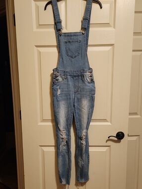 Cello Light Blue Distressed Skinny Denim Overalls, Small